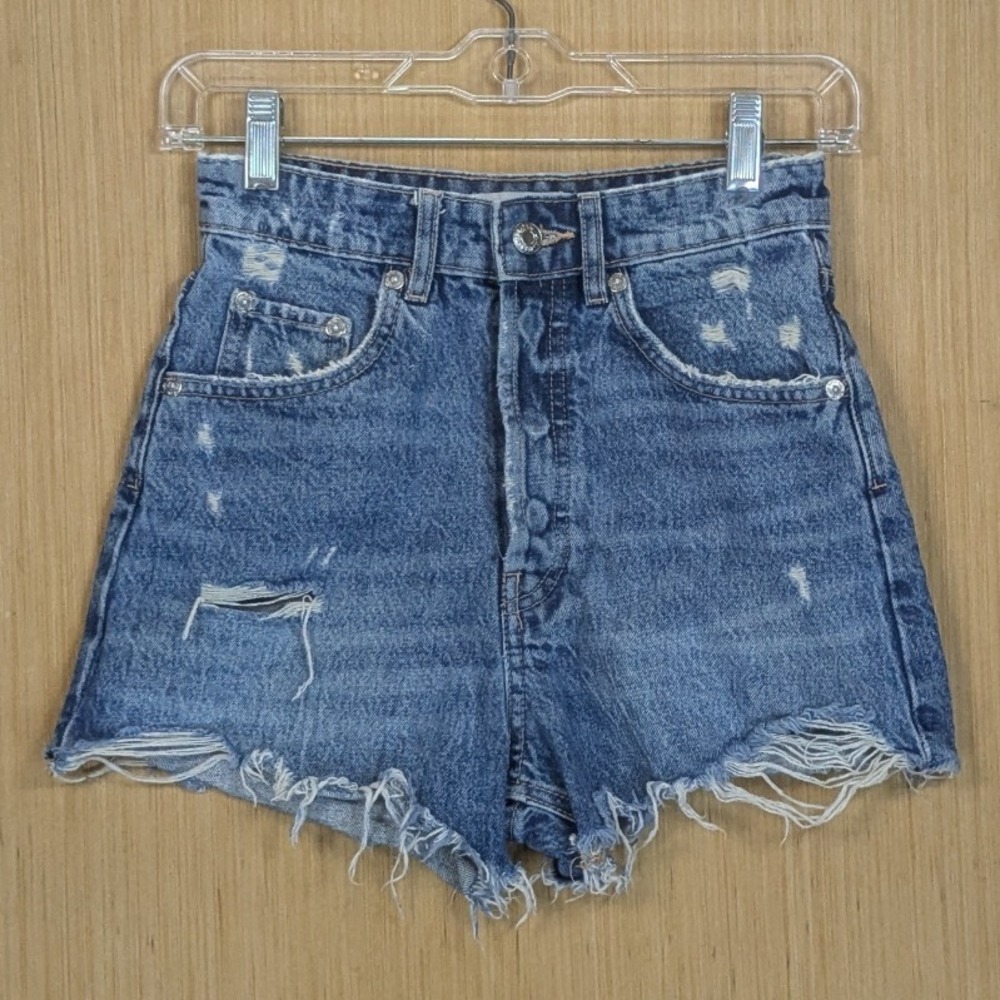 ZARA Blue Denim Distressed Cut Off Shorts Button Fly Raw Hem High Rise Women's 0